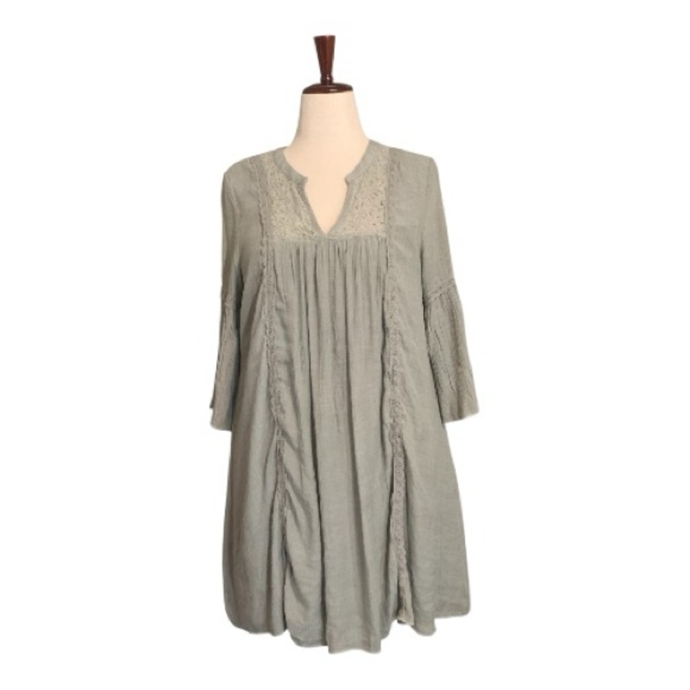 J Gee Boho Lightweight Flowy Olive‎ Green Midi Dress Tunic Lace Accent  Size L